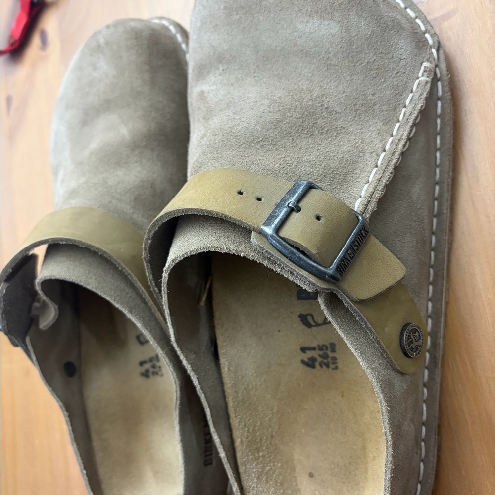 Birkenstock Suede Clogs in Taupe and Olive Strap - Picture 2 of 4